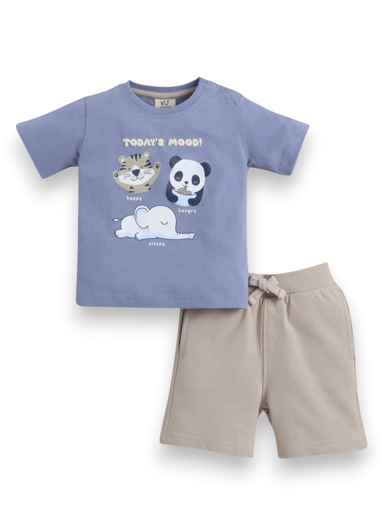 victor and jane Boys' 2pcs Cute Animal Print Round Neck T-Shirt and Shorts Set - Image 1